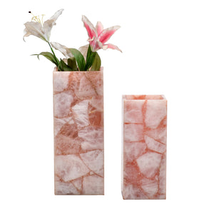 Pair of rose quartz flower vase long rectangular shape in medium and small