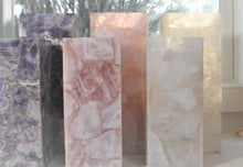 Load image into Gallery viewer, Amethyst, Rose Quartz, and Quartz long rectangular vases in sizes small and medium