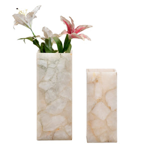 Pair of cloudy quartz flower vase long rectangular shape in medium and small